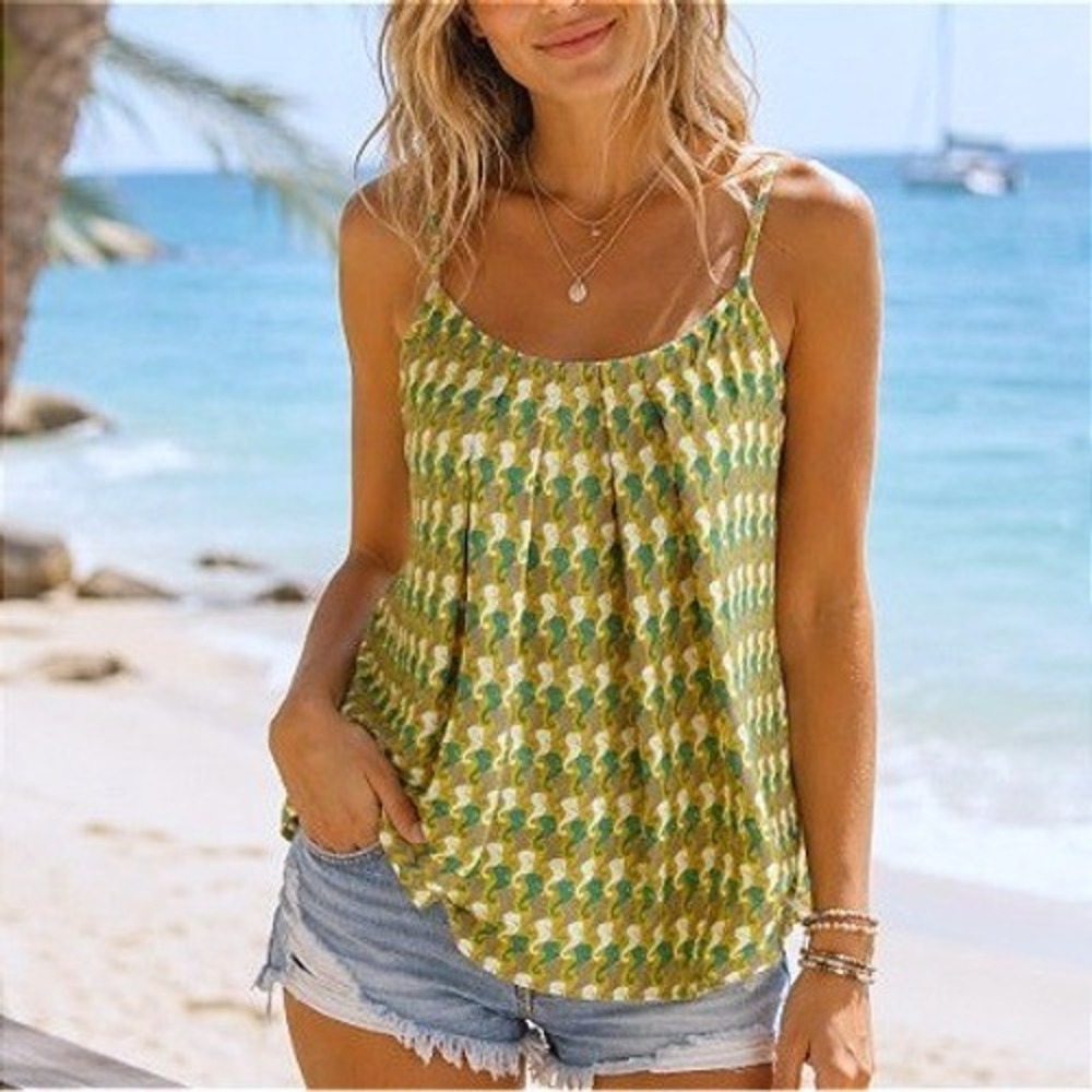 CAbi Mustard Teal Seahorse Pleated Cami Adjustable Strap Beachy Coastal Tank M